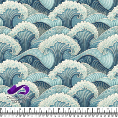 Stylized ocean waves in varying shades of blue with foam and intricate details