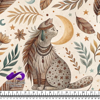 Boho style cat with feathers and jewelry surrounded by moon stars and leaves pattern