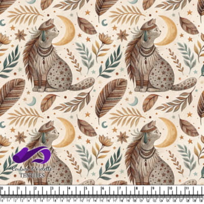 Boho style cat with feathers and jewelry surrounded by moon stars and leaves pattern