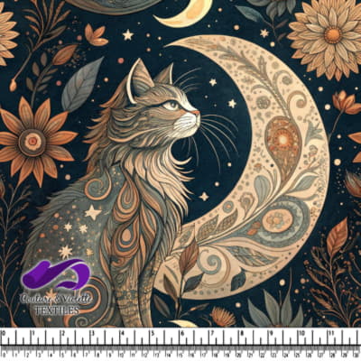 Intricate Cat Sitting Beside Ornate Crescent Moon and Flowers Under Starry Night Sky
