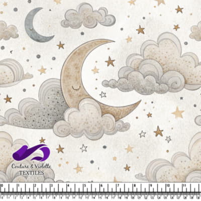 Whimsical Night Sky Pattern with Crescent Moons Clouds and Stars