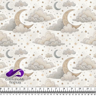 Whimsical Night Sky Pattern with Crescent Moons Clouds and Stars