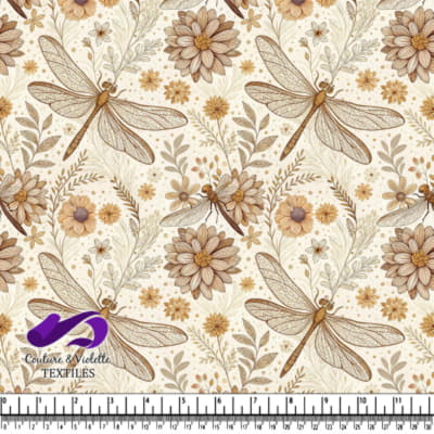 Vintage style beige floral textile pattern with detailed dragonfly
