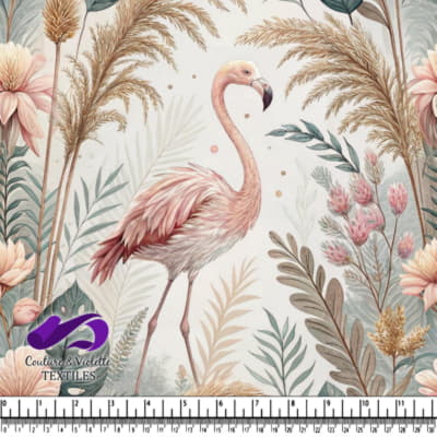 Pink flamingo standing among tropical leaves and flowers