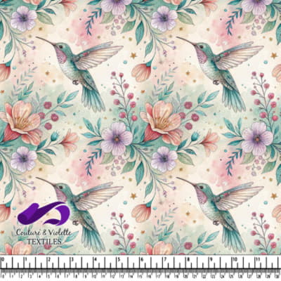 Whimsical hummingbird surrounded by colorful flowers