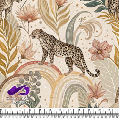 Leopard standing among tropical leaves flowers