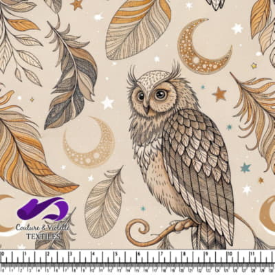 Vintage style owl with feathers stars and crescent moons