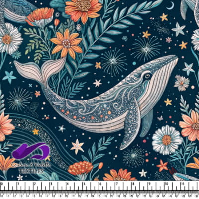Whale surrounded by flowers and sea elements