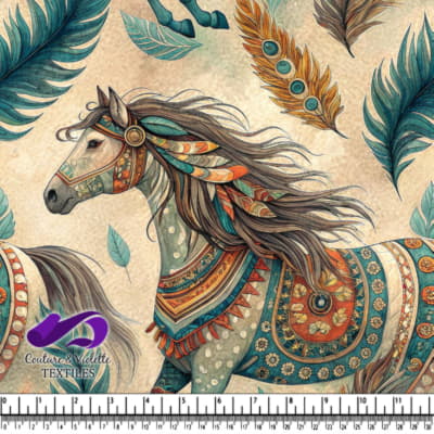 Decorative artistic horses adorned with colorful feathers