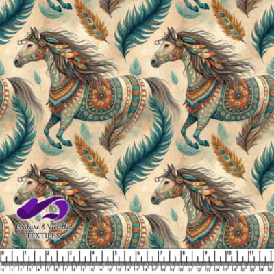 Decorative artistic horses adorned with colorful feathers