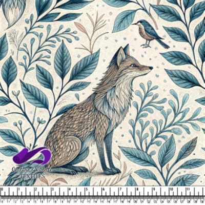 Fox and bird surrounded by stylized leaves