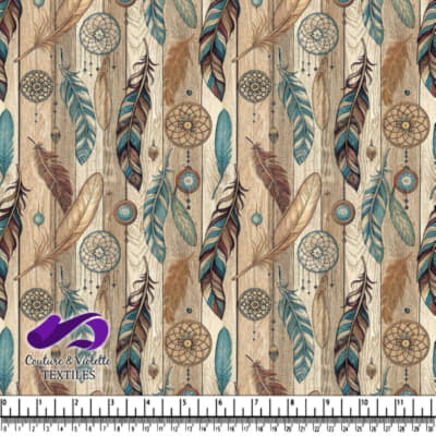 Bohemian pattern with dreamcatchers and feathers on wooden background