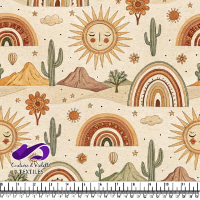 Landscape pattern with sun flowers rainbows cacti and mountains