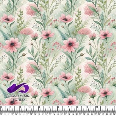 Watercolor floral pattern with pink flowers and green leaves