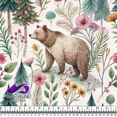 Brown bear walking through a floral forest pattern