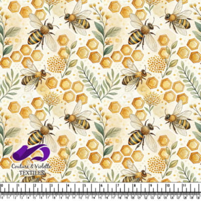 Honey bees flying around honeycomb and foliage pattern