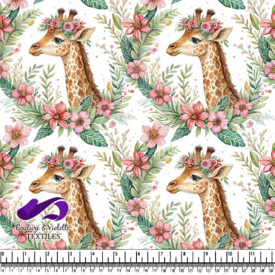 Watercolor giraffe surrounded by pink flowers and green leaves