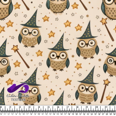 Cute owls wearing wizard hats with stars and magic wands