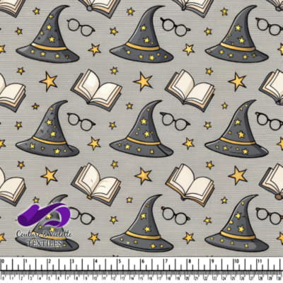 Magical wizard hats glasses open books and stars