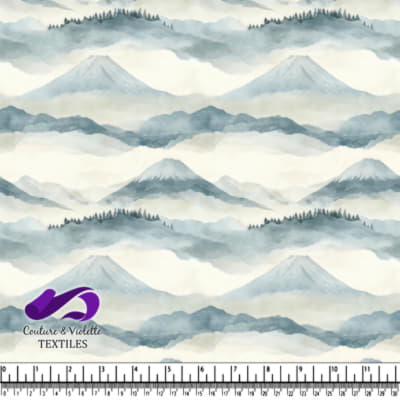 Misty mountains and trees in muted blue and gray tones