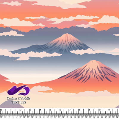 Stylized mountain landscape with clouds and sunset colors