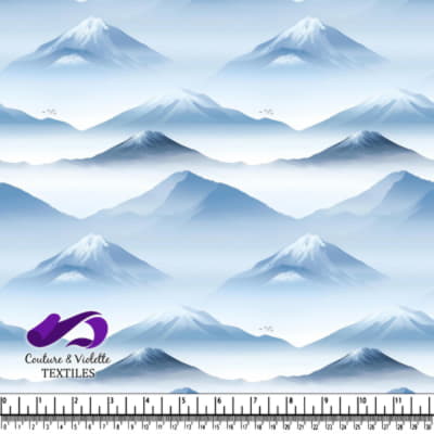 Serene Misty Blue Mountain Landscape with Snowy Peaks and Birds