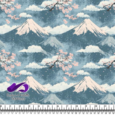 Cherry Blossoms and Mount Fuji Scenic Textile Design