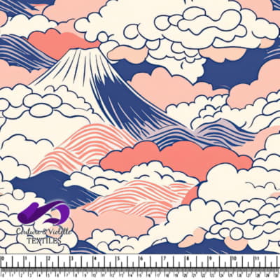 Stylized Mountain and Cloud Pattern in Blue and Pink Tones