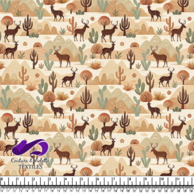 Desert Wildlife Scene with Deer Cacti and Mountains Pattern