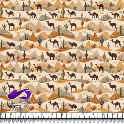 Desert Scene with Camels Cacti and Mountains Pattern