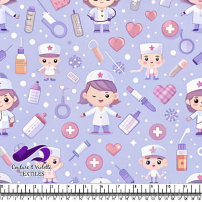 Cute Nurse and Medical Supplies on Purple Background
