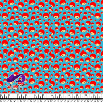 Visages de champignons rouges en dessin animé sur fond bleu