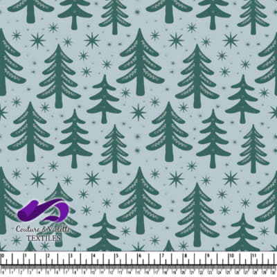 Winter Green Pine Trees and Snowflake Pattern Fabric Design