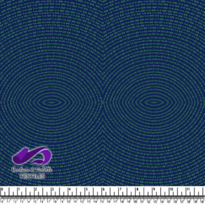 Navy Blue Fabric with Green Eye Pattern and Measuring Tape