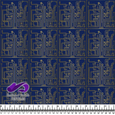 Gold Circuit Board Pattern on Navy Blue Fabric Design