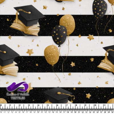 Graduation Celebration Black Gold Striped Pattern Fabric Design