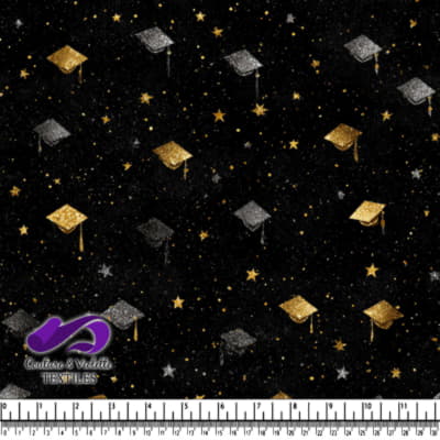 Motif de Chapeaux de Graduation Noirs et Dorés avec Étoiles