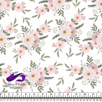 Soft Pink Daisies and Green Leaves Floral Pattern on White Background