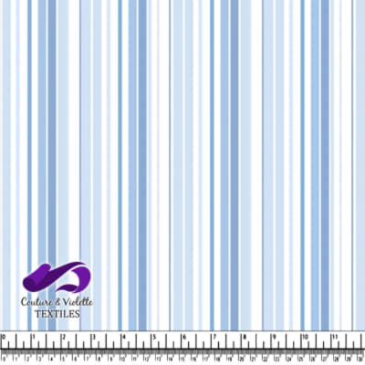Blue and white vertical striped fabric pattern with measuring scale