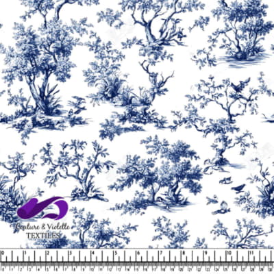 Blue and White Vintage Tree Pattern Design Fabric