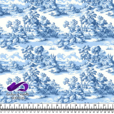 Impression vintage de paysage campagnard bleu et blanc