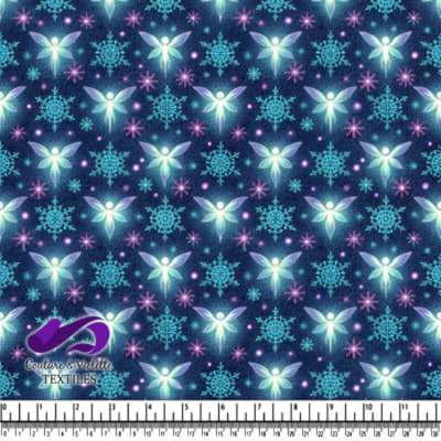 Glowing Fairies and Snowflakes Pattern on Dark Blue Background
