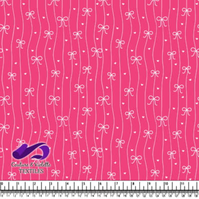 Pink fabric pattern with white bows and small hearts