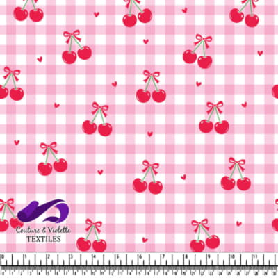Pink Gingham Pattern with Red Cherry Clusters and Hearts