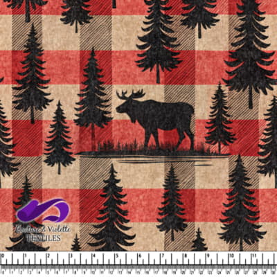 Rustic Moose and Pine Trees on Red Buffalo Plaid Fabric