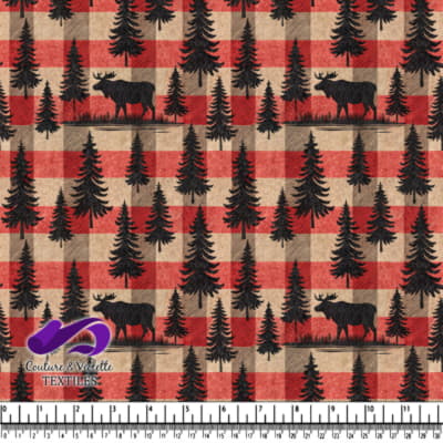 Rustic Moose and Pine Trees on Red Buffalo Plaid Fabric