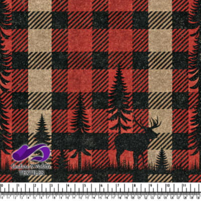 Rustic plaid pattern with woodland animals and trees silhouette