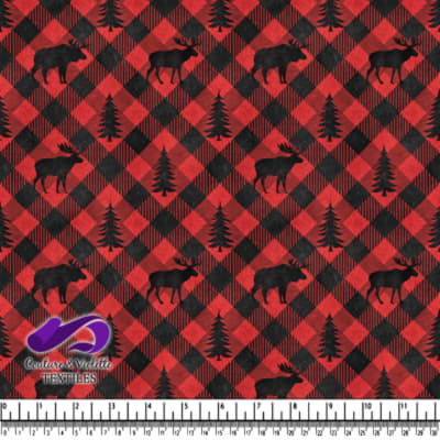 Motif tartan rouge et noir avec orignaux et sapins