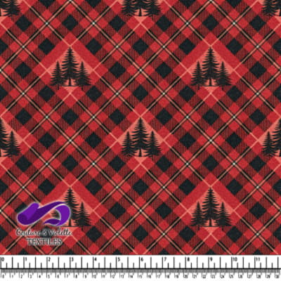 Rustic Red Plaid with Pine Tree Silhouettes Fabric Pattern