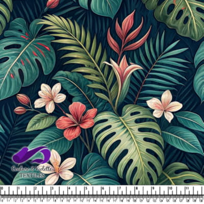 Motif de Feuilles Tropicales et Fleurs Exotiques